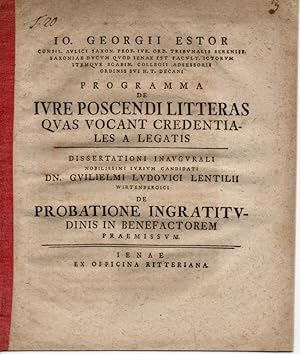 Bild des Verkufers fr Programma de iure poscendi litteras quas vocant credentiales a legatis (ber das Recht, von Gesandten ein sog. Beglaubigungsschreiben zu verlangen). Promotionsankndigung von Wilhelm Ludwig Lentil aus Herrenberg. zum Verkauf von Wissenschaftliches Antiquariat Kln Dr. Sebastian Peters UG