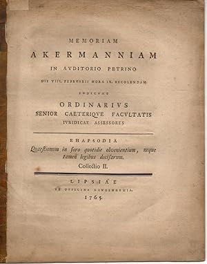 Bild des Verkufers fr Rhapsodia quaestionum in foro quotidie obvenientium, neque tamen legibus decisarum collectio II. Gedenkschrift fr Johann Siegfried Akermann. zum Verkauf von Wissenschaftliches Antiquariat Kln Dr. Sebastian Peters UG