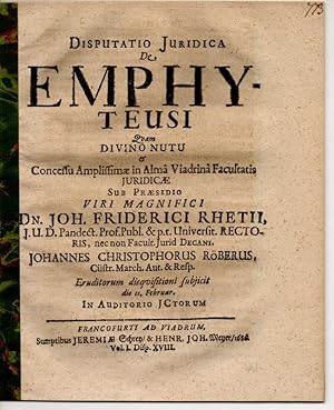 Bild des Verkufers fr Juristische Inaugural-Dissertation. De Emphyteusi (ber die Erbpacht). Folgedruck. zum Verkauf von Wissenschaftliches Antiquariat Kln Dr. Sebastian Peters UG