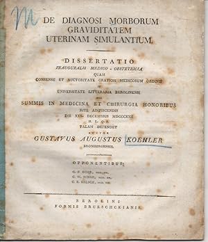 Seller image for De Diagnosi morborum graviditatem uterinam simulantium (ber die Diagnose scheinbarer Krankheiten wie der Gebrmutterschwangerschaft). Dissertation. for sale by Wissenschaftliches Antiquariat Kln Dr. Sebastian Peters UG