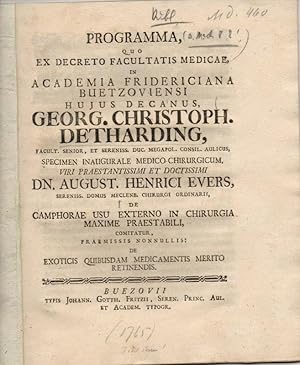 Image du vendeur pour De camphorae usu externo in chirurgia maxime praestabili (ber die uere Anwendung von Kampfer in der Chirurgie). Vorgebunden Promotionsankndigung. mis en vente par Wissenschaftliches Antiquariat Kln Dr. Sebastian Peters UG