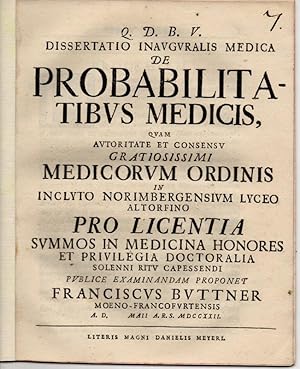 Seller image for Medizinische Inaugural-Dissertation. De probabilitatibus medicis (ber Wahrscheinlichkeiten in der Medizin). for sale by Wissenschaftliches Antiquariat Kln Dr. Sebastian Peters UG