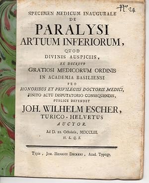 Bild des Verkufers fr Medizinische Abhandlung. De paralysi artuum inferiorum (ber die Lhmung der unteren Gliedmaen). zum Verkauf von Wissenschaftliches Antiquariat Kln Dr. Sebastian Peters UG