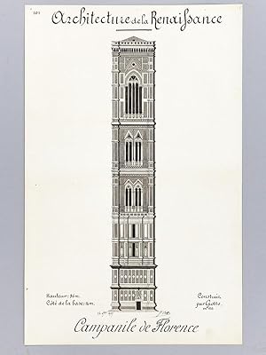 Architecture de la Renaissance. Campanile de Florence construit par Giotto [ Beau lavis original ]