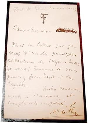 Immagine del venditore per Lettre Autographe Signe de FLERS Robert marquis de (1872-1927). venduto da JOIE DE LIRE