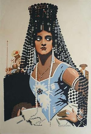 Junge Frau in spanischer Festtracht. Gouache über Bleistift, auf Karton montiert.