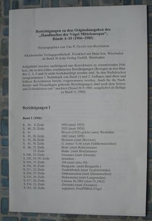 Berichtigungen zu den Originalausgaben des Handbuch der Vogel Mitteleuropas Bande 1 -10 (1966-1985)