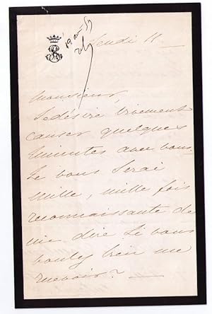 Lettre autographe signée par la Comtesse de SOMBREUIL, demande d'entretien. 16 villa Montmontency...