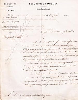 Bild des Verkufers fr Lettre autographe  entte de la Prfecture du Nord signe de celui que les historiens nomment le  Hausmann lyonnais  Claude-Marius Vasse adresse au receveur gnral des finances au sujet de M. Bourgois percepteur de Watten qui dissimulerait tre zum Verkauf von JOIE DE LIRE