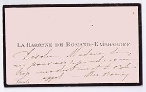 Carte de visite avec note autographe de la Baronne Romano-Kaissaroff .