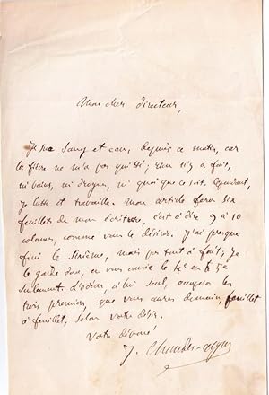 Lettre autographe signée du littérateur critique Jacques Germain CHAUDES-AIGUES, Au sujet dun ar...