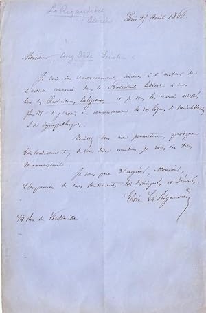 Bild des Verkufers fr Lettre autographe signe d'Elise La Rigaudire adresse au snateur Auguste Dide, remerciements pour l'article paru dans le journal le Protestant libral, pour le livre "Perscutions Religieuses". zum Verkauf von JOIE DE LIRE