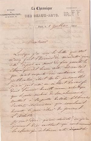 Lettre autographe à entête de la Chronique des Beaux-arts signée d Albert de La Fizelière Adress...
