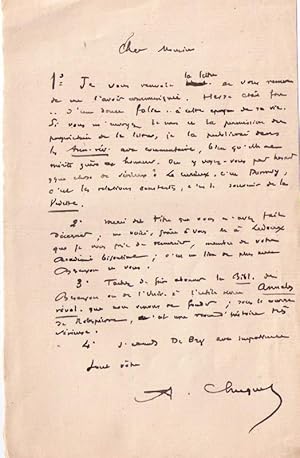 Seller image for Intressante lettre autographe signe de l'historien Arthur Chuquet, adresse  Lonce PINGAUD, historien (Dijon, 1841 - Ornans, 1923). Au sujet d'une lettre qu' il publiera relative  Hesse "Charles de Hesse " qui tait fou  cette poque. for sale by JOIE DE LIRE