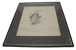 Originalt litografi, portræt of Knut Hamsun, udfærdiget af hans søn Tore Hamsun, med dedikation o...