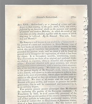 Image du vendeur pour Switzerland Or A Journal Of A Tour And Resident In That Country In The Years 1817, 1818, And 1819, Followed By An Historical Sketch On The Manners And Customs Of Ancient And Modern Helvetia In Which The Events Of Our Own Time Are Fully Detailed Together With The Causes To Which They May Be Referred, Book Review mis en vente par Legacy Books II