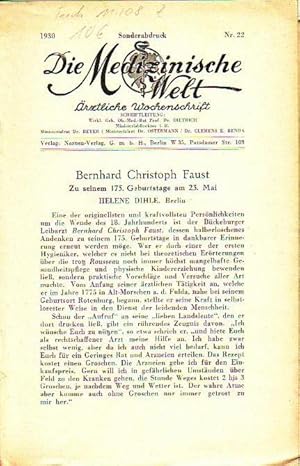 Immagine del venditore per Bernhard Christoph Faust. Zu seinem 175. Geburtstag am 23. Mai. Sonderabdruck aus 'Die Medizinische Welt', rztliche Wochenschrift, Nr. 22, 1930. venduto da Antiquariat Carl Wegner