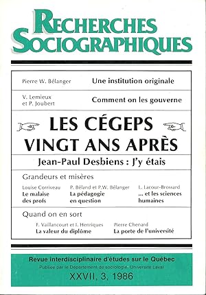 Recherches sociographiques volume XXVII, numéro 3, 1986 - Les cégeps vingt ans après
