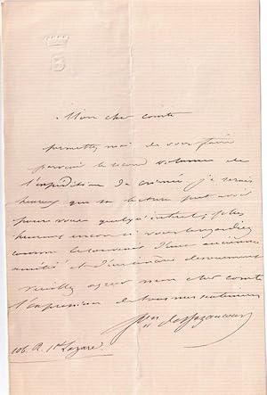 Lettre autographe signée du baron de Bazancourt adressée à un comte. Il lui envoie son volume « L...