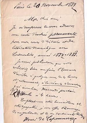 Bild des Verkufers fr Lettre autographe signe du Critique dramatique Henri de la Pommeraye, concernant une carte d entre permanente pour ses cours d histoire. zum Verkauf von JOIE DE LIRE