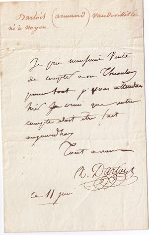 Mot autographe signé du Vaudevilliste Armand Dartois, adressé à Monsieur Vente.