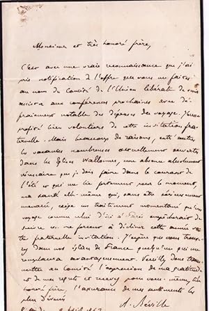 Bild des Verkufers fr Lettre autographe signe du thologien Albert Rville adresse  un frre, il ne pourra pas tre des leurs pour assister au Confrences du Comit de l Union Libral, Il est pris dans les glises Wallonnes et sa sant est fragile. zum Verkauf von JOIE DE LIRE