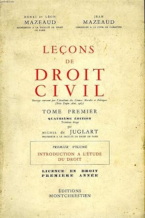 Imagen del vendedor de LECONS DE DROIT CIVIL, TOME I, 1er VOL., INTRODUCTION A L'ETUDE DU DROIT a la venta por Le-Livre