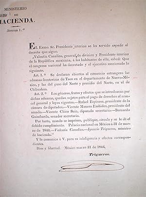 Image du vendeur pour [Broadside] El Exmo. Sr. Presidente. se declaran abiertos al comercio estrangero las aduanas fronterizas de Taos en el departamento de Nuevo-Mexico y las del paso del Norte y presidio del Norte, en el de Chihuahua mis en vente par PLAZA BOOKS ABAA