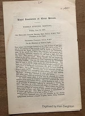 Image du vendeur pour On The Relations Of Gold To Light Weekly Evening Lecture Friday June 12 1857 Sir Benjamin Collins Brodie D.C.L. F.R.S. Vice-President In The Chair mis en vente par Deightons