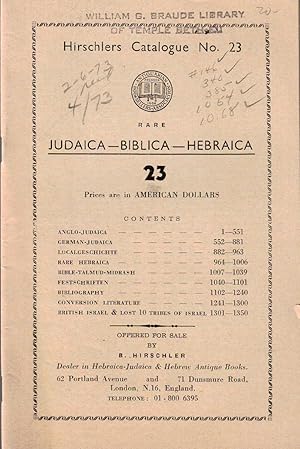 Image du vendeur pour HIRSCHLERS CATALOGUE NO. 23 : RARE JUDAICA "BIBLICA "HEBRAICA mis en vente par Dan Wyman Books, LLC