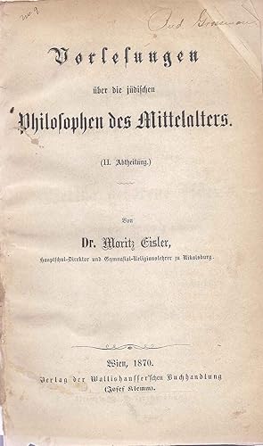 Seller image for VORLESUNGEN UBER DIE JUDISCHEN PHILOSOPHEN DES MITTELALTERS. ABTHEILUNG II for sale by Dan Wyman Books, LLC