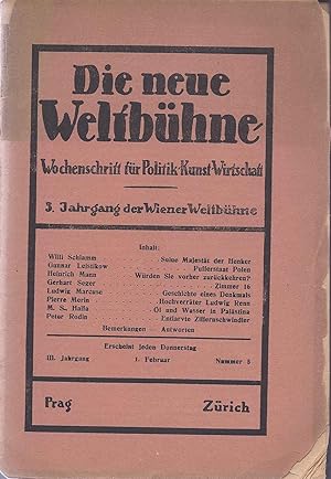 Bild des Verkufers fr DIE NEUE WELTBHNE. JAHRGANG III. NUMMER 5. FEBRUAR 1. 1934 zum Verkauf von Dan Wyman Books, LLC