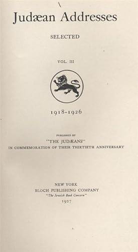 Bild des Verkufers fr JUDAEAN ADDRESSES SELECTED VOL III [ONLY] 1918-1926 zum Verkauf von Dan Wyman Books, LLC