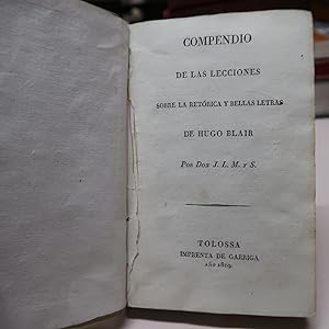 Imagen del vendedor de COMPENDIO DE LAS LECCIONES SOBRE LA RETORICA Y BELLAS ARTES DE HUGO BLAIR a la venta por Costa LLibreter