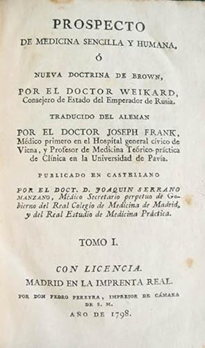 Bild des Verkufers fr PROSPECTO DE MEDICINA SENCILLA Y HUMANA,  NUEVA DOCTRINA DE BROWN. zum Verkauf von Libreria Anticuaria Farr