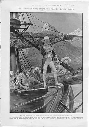 Image du vendeur pour ENGRAVING:"The First European to Land in New Zealand: Captain Cook Circumnavigating the Island in 1769".engravings from The Illustrated London News, March 7, 1903 mis en vente par Dorley House Books, Inc.