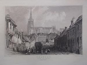 A Fine Original Antique Engraved Print Illustrating a View of Thaxted in Essex. Published in 1835.