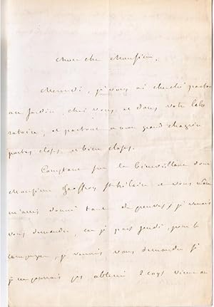 Bild des Verkufers fr Lettre autographe signe par l' agronome Marie-Joseph Monny de Mornay. Il est chagrin de n avoir pu rencontrer son interlocuteur au jardin, les portes de son laboratoire taient closes. Il compte sur sa bienveillance et celle de M. Geoffroy de Saint Hil zum Verkauf von JOIE DE LIRE