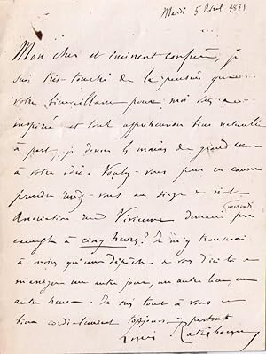 Lettre autographe signée de Louis Gustave Fortuné Ratisbonne, homme de lettres, adressée à un con...