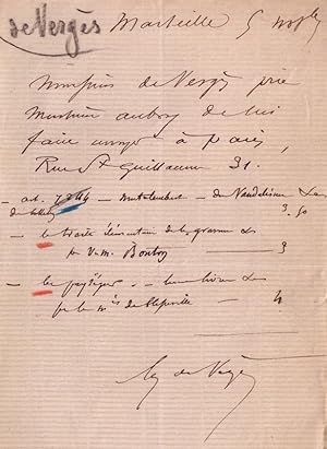 Lettre autographe signée Marie Fortuné de Vergès Adressée à l'éditeur Aubry. Il lui demande den...