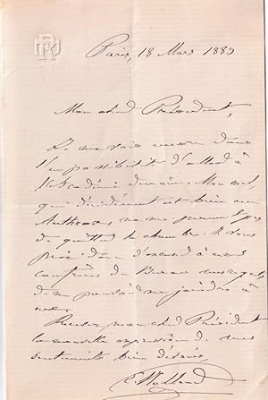 Lettre autographe signée de l'ethnologue Eugène Rolland adressée au Président de lAcadémie où i...