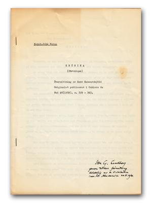 Seller image for Krnika (Chronique). versttning av Herr Hammarskjld / Originalet publicerat i Cahiers du Sud 46 (1959), s. 329-343. for sale by Hatt Rare Books ILAB & CINOA
