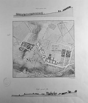 Plan manuscrit avec rehauts d'aquarelle donnant le plan de lÉcole militaire de Saint-Cyr, encadr...