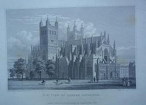 Fine Original Antique Engraving Illustrating N.W.View of Exeter Cathedral , Published in 1830.