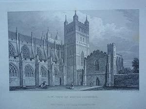 Fine Original Antique Engraving Illustrating S.W.View of Exeter Cathedral , Published in 1830.