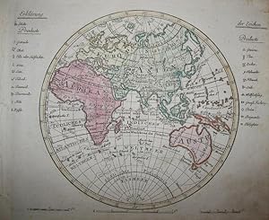 Bild des Verkufers fr Kolorierter Kupferstich mit Darstellung der stlichen Hemisphre. Dabei eingezeichnet die lokalen Produkte. zum Verkauf von Antiquariat Thomas Rezek