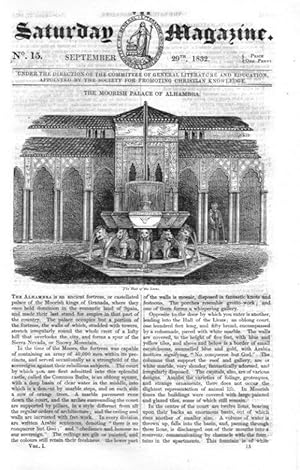 Bild des Verkufers fr The Saturday Magazine No 15, MORRISH PALACE OF ALHAMBRA, CRAIGMILLAR CASTLE NEAR EDINBURGH, 1832, zum Verkauf von Tony Hutchinson