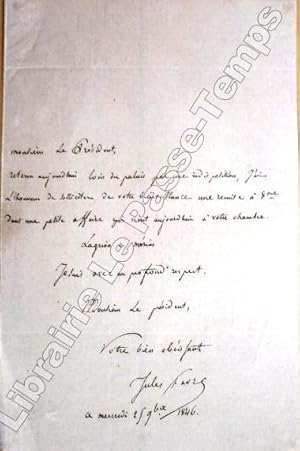 Imagen del vendedor de L. A. S. / Deux lettres autographes signes Jules FAVRE [N  Lyon. Avocat et orateur politique, il fut le dfenseur d'Orsini, secrtaire gnral du ministre de l'Intrieur en 1848, dput  la Constituante en 1848,  la Lgislative en 1849, au Corps lgislatif de 1863  1870, membre et ministre des Affaires trangres du gouvernement de la Dfense nationale en 1870, dput en 1871, snateur en 1876. Grce  un compromis entre les clricaux et les politiques d'opposition, il fut lu  l'Acadmie franaise le 2 mai 1867 en remplacement de Victor Cousin, et reu par Charles de Rmusat le 23 avril 1868] au Prsident de la premire Chambre [Antoine-Jean-Matthieu Sguier, de 1815  1848 / Adrien Marie Devienne, de 1858  1869], pour report d'audience. a la venta por Jean-Paul TIVILLIER