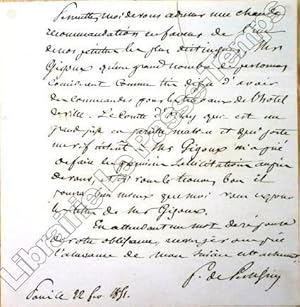 Seller image for L. A. S. / Lettre autographe signe Persigny [Homme politique, n  St-Germain-Lespinasse (Loire) en 1808, mort  Nice en 1872. Fidle de Louis Napolon, il sera de ceux qui le poussrent au Coup-d'tat du 2 dcembre. Il fut plusieurs fois Ministre de l'Intrieur du Second Empire] - Lettre de recommandation pour les travaux du peintre Jean-Franois Gigoux, (1806-1894),  l'Htel de Ville de Paris. for sale by Jean-Paul TIVILLIER