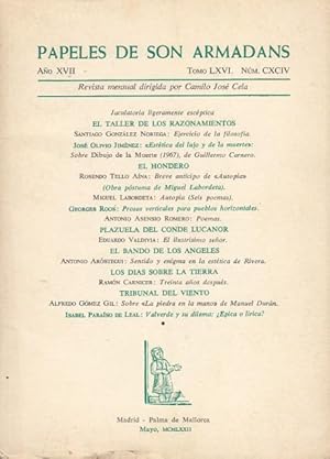 Bild des Verkufers fr PAPELES DE SON ARMADANS. Revista mensual. Ao 17. Tomo 66. n194. Jaculatoria ligeramente esceptica. Ejercicio de la filosofa. Estetica del lujo y de la muerte. Y Varios. zum Verkauf von Librera Vobiscum